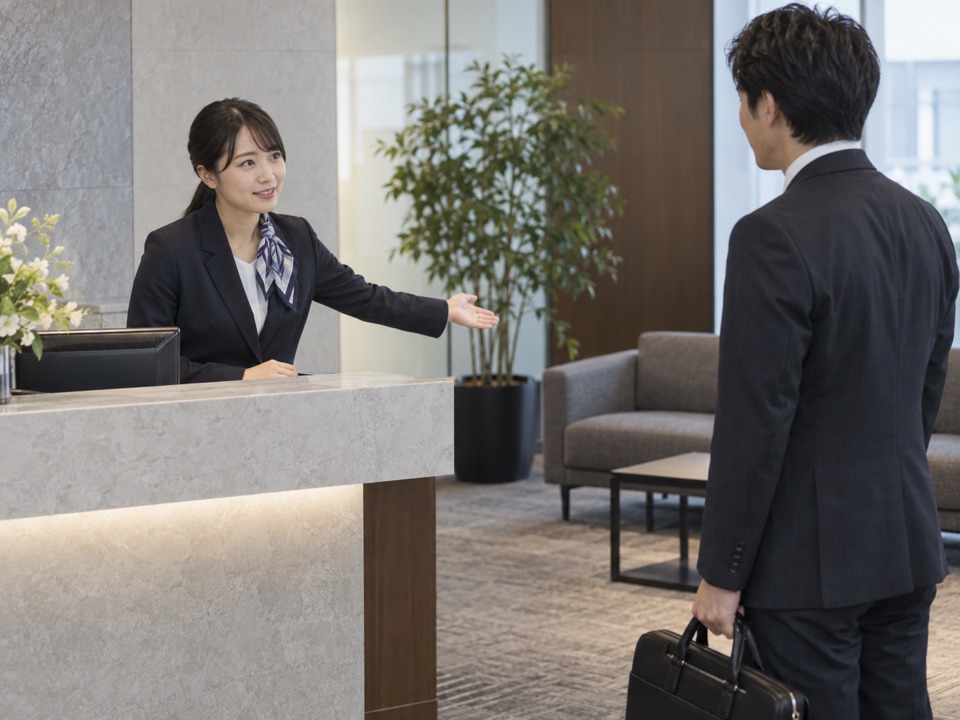 受付の社員が、来客を待合席へ案内している場面。